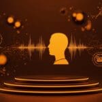 Representación visual ética de síntesis de voz por IA con figuras de celebridades y redes neuronales en ecosistema startup tecnológico.