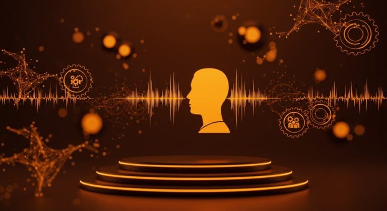 Representación visual ética de síntesis de voz por IA con figuras de celebridades y redes neuronales en ecosistema startup tecnológico.