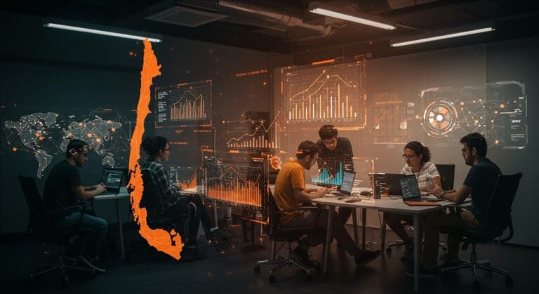 Emprendedores colaborando en expansión de startups entre Chile y Perú con metáforas visuales de crecimiento y conectividad en Latinoamérica.