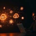 Desarrollador supervisando infraestructura backend tipo seguro automatizada en la nube con microservicios y DevOps para startups.