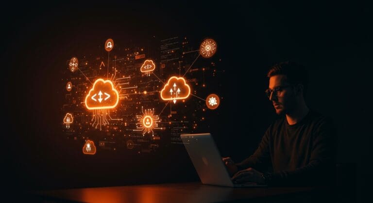Desarrollador supervisando infraestructura backend tipo seguro automatizada en la nube con microservicios y DevOps para startups.