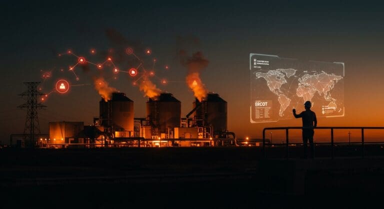 Planta de energía geotérmica en Texas con innovador visualizando almacenamiento energético y red ERCOT, innovación en tecnología limpia.