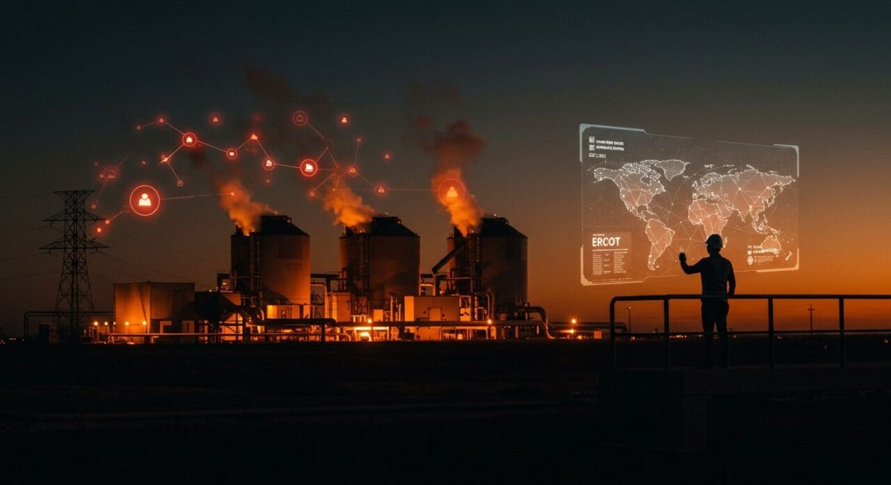 Planta de energía geotérmica en Texas con innovador visualizando almacenamiento energético y red ERCOT, innovación en tecnología limpia.