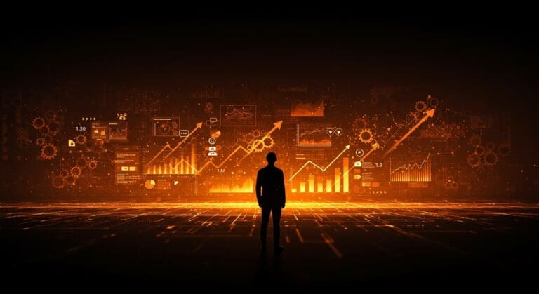 Líder de startup contemplando un horizonte digital que simboliza la era dial-up de la inteligencia artificial y su impacto en el mercado tecnológico.