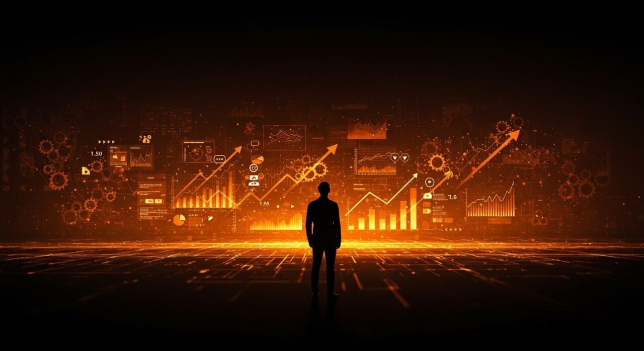 Líder de startup contemplando un horizonte digital que simboliza la era dial-up de la inteligencia artificial y su impacto en el mercado tecnológico.