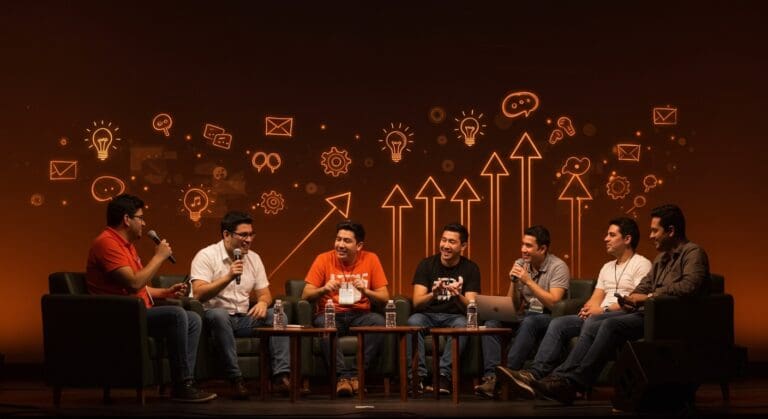 Evento EtMday 2025 con emprendedores latinoamericanos disfrutando de una comedia tecnocreativa inspiradora en tecnología y startups.