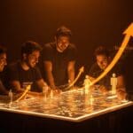 Grupo de emprendedores chilenos colaborando en un entorno digital que representa el ecosistema emprendedor impulsado por innovación y mentorías de Entel Digital y EtMday.