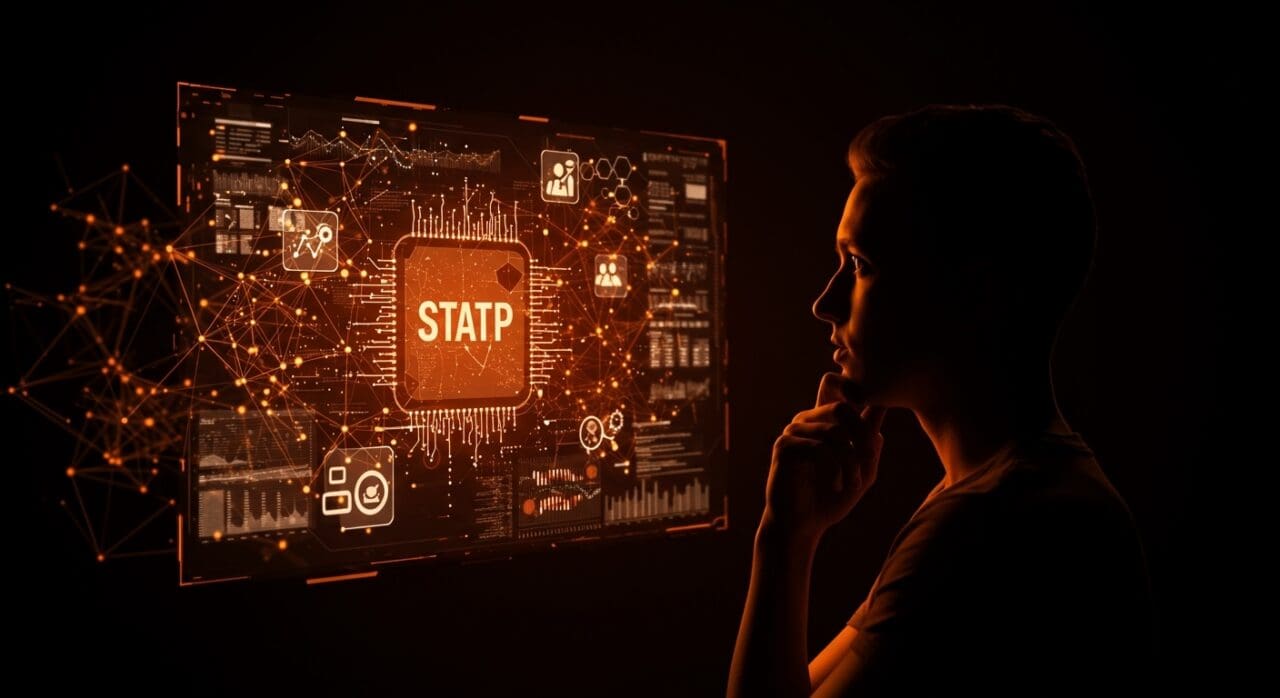 Fundador de startup contemplando una interfaz digital con redes neuronales en tonos naranjas representando la adopción genuina de inteligencia artificial y transformación digital.