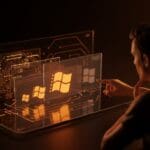 Evolución visual de la GUI de Windows con un fundador tech contemplando interfaces de usuario innovadoras, destacando tendencias en diseño y tecnología para startups.