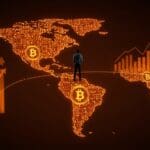 Líder fintech conectado a un mapa digital de América Latina con iconografía de stablecoins y blockchain, representando pagos digitales y adquisición de startup en la región.