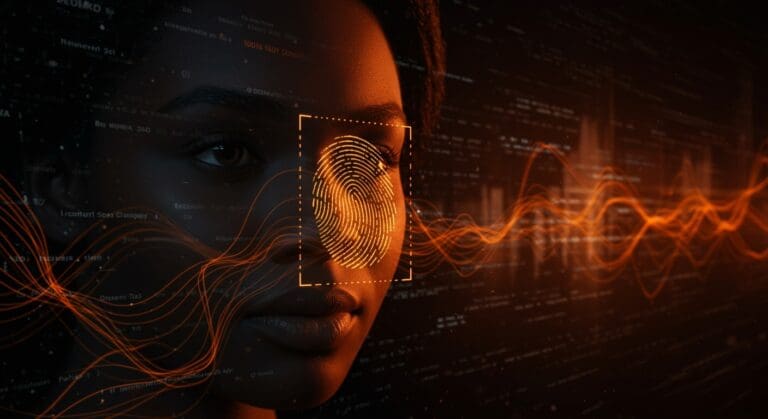 Recolección de datos biométricos y vigilancia en EE.UU. destacando la privacidad y seguridad nacional bajo tecnología avanzada.