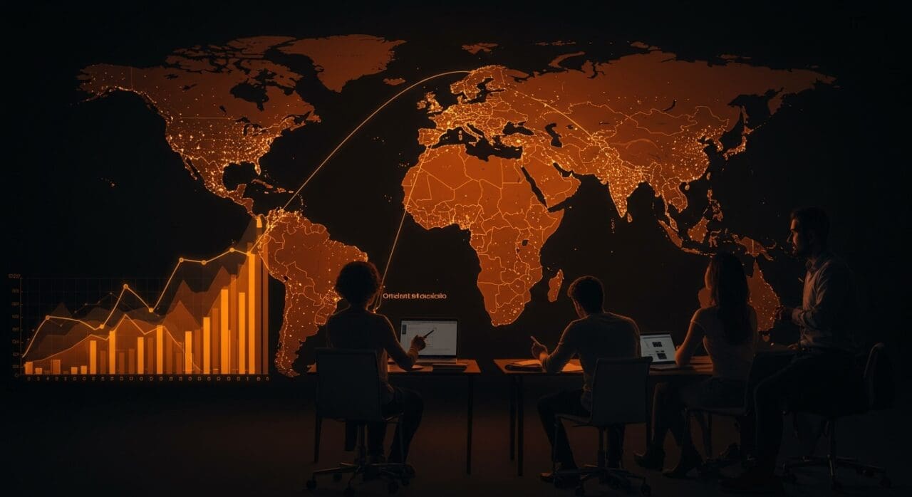 Startup españolas planificando su expansión internacional en mercados emergentes de Arabia Saudí y Emiratos Árabes Unidos con símbolos de crecimiento y tecnología.