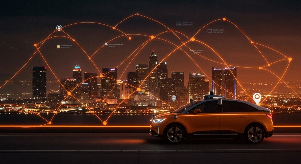 Waymo robotaxi expandiendo servicio de movilidad autónoma en nuevas ciudades como San Diego, Las Vegas y Detroit, destacando la innovación tecnológica y desafíos regulatorios.