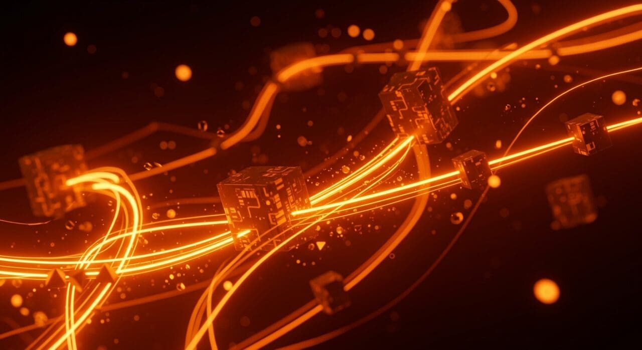 Ilustración de canales de alto rendimiento en Rust para programación concurrente con metáforas visuales de concurrencia y eficiencia, destacando Crossfire.