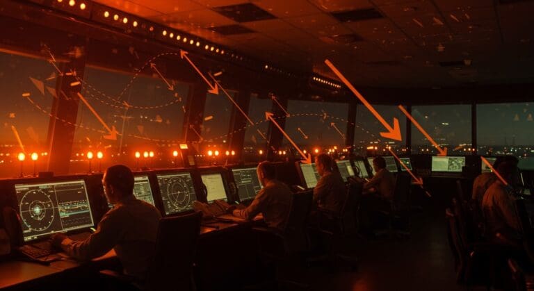 Controladores de tráfico aéreo gestionando vuelos en aeropuerto principal durante reducción del 10% por cierre del gobierno y reducción de capacidad aérea.