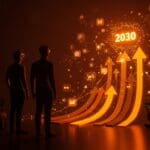 Análisis visual del impacto de Millennials en Facebook y el rumbo estratégico hacia 2030 con metáforas de cambio generacional y tendencias de mercado.