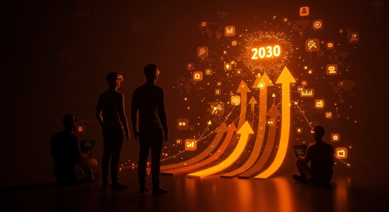 Análisis visual del impacto de Millennials en Facebook y el rumbo estratégico hacia 2030 con metáforas de cambio generacional y tendencias de mercado.