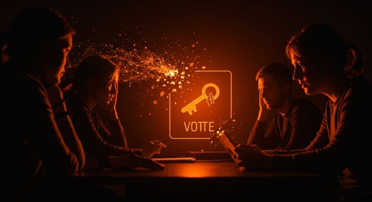 Equipo de startups tecnológicas analizando fallo criptográfico en votación electrónica, destacando seguridad digital y errores humanos en sistemas criptográficos.