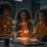 Liderazgo femenino en startups tecnológicas representado por un grupo de fundadoras colaborando con interfaces digitales innovadoras en ambiente moderno y diverso.