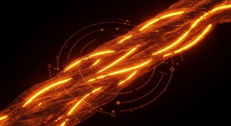 Fibra fotónica textil iluminada en tonos naranja y negro, representando la trazabilidad y reciclaje textil para innovación sustentable en moda circular.