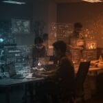 Equipo diverso de desarrolladores colaborando en India con interfaces futuristas que integran inteligencia artificial y tendencias tecnológicas en startups.