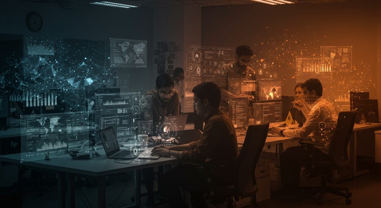 Equipo diverso de desarrolladores colaborando en India con interfaces futuristas que integran inteligencia artificial y tendencias tecnológicas en startups.