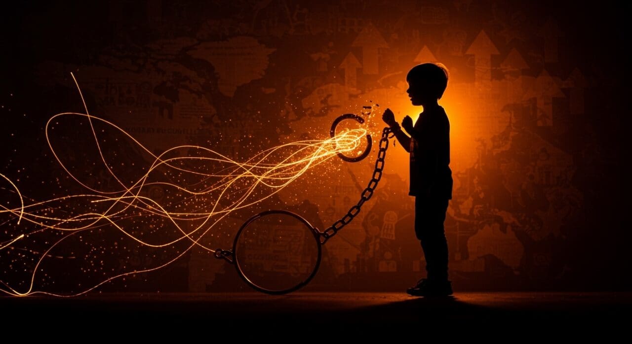 Imagen simbólica sobre el fin del matrimonio infantil en EE. UU. mostrando cadenas rotas y elementos visuales de reforma legal y derechos humanos.