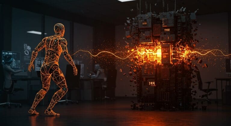 Ilustración futurista de IA neuro-simbólica con redes neuronales y arquitectura transformer en transformación, representando nueva financiación startup y cambio de paradigma en IA.