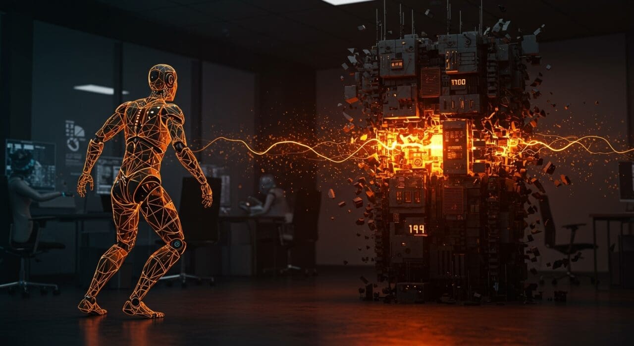 Ilustración futurista de IA neuro-simbólica con redes neuronales y arquitectura transformer en transformación, representando nueva financiación startup y cambio de paradigma en IA.