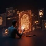 Founder tech analizando fingerprinting de navegador con símbolos de privacidad y legalidad online en paleta naranja y negro para ecosistema startup.