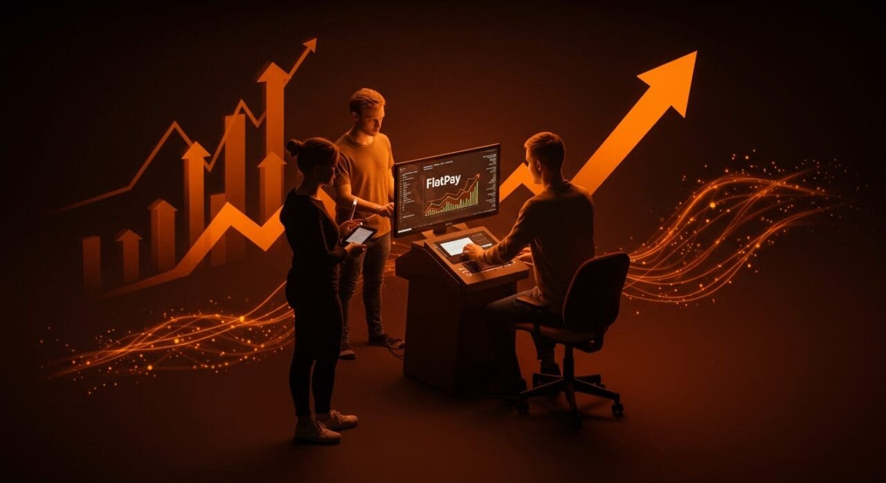 Equipo fintech danés trabajando en interfaz digital de pagos, simbolizando la evolución y escalabilidad de Flatpay como unicornio europeo.