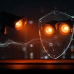 Imagen conceptual de vigilancia y privacidad con cámara y escudo digital, ilustrando tecnología y regulación en startups de EE.UU.