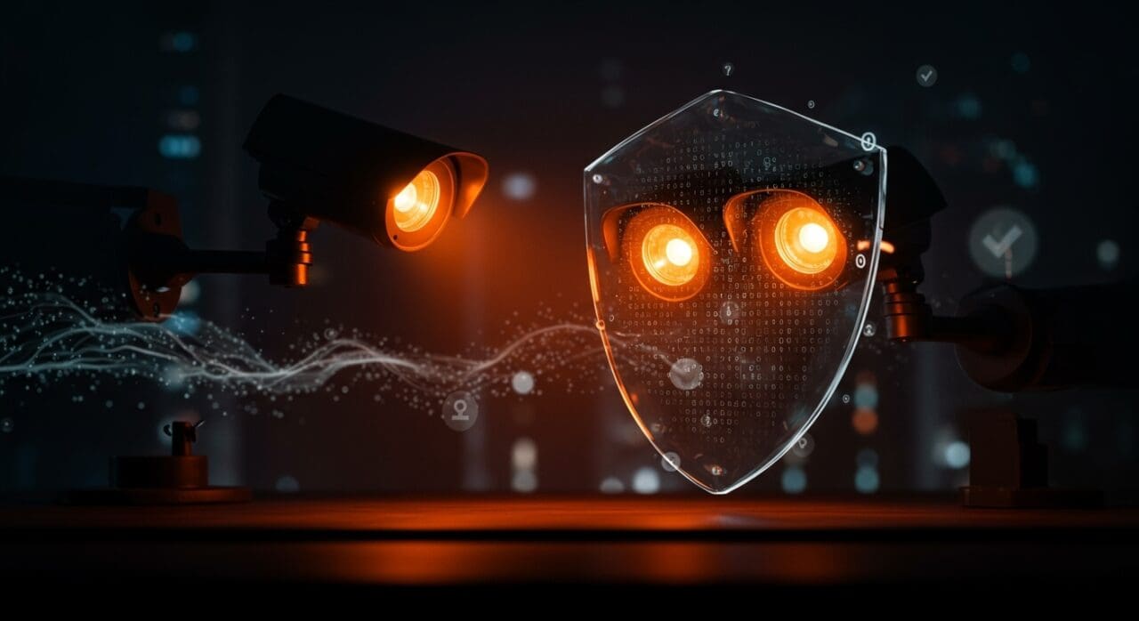 Imagen conceptual de vigilancia y privacidad con cámara y escudo digital, ilustrando tecnología y regulación en startups de EE.UU.