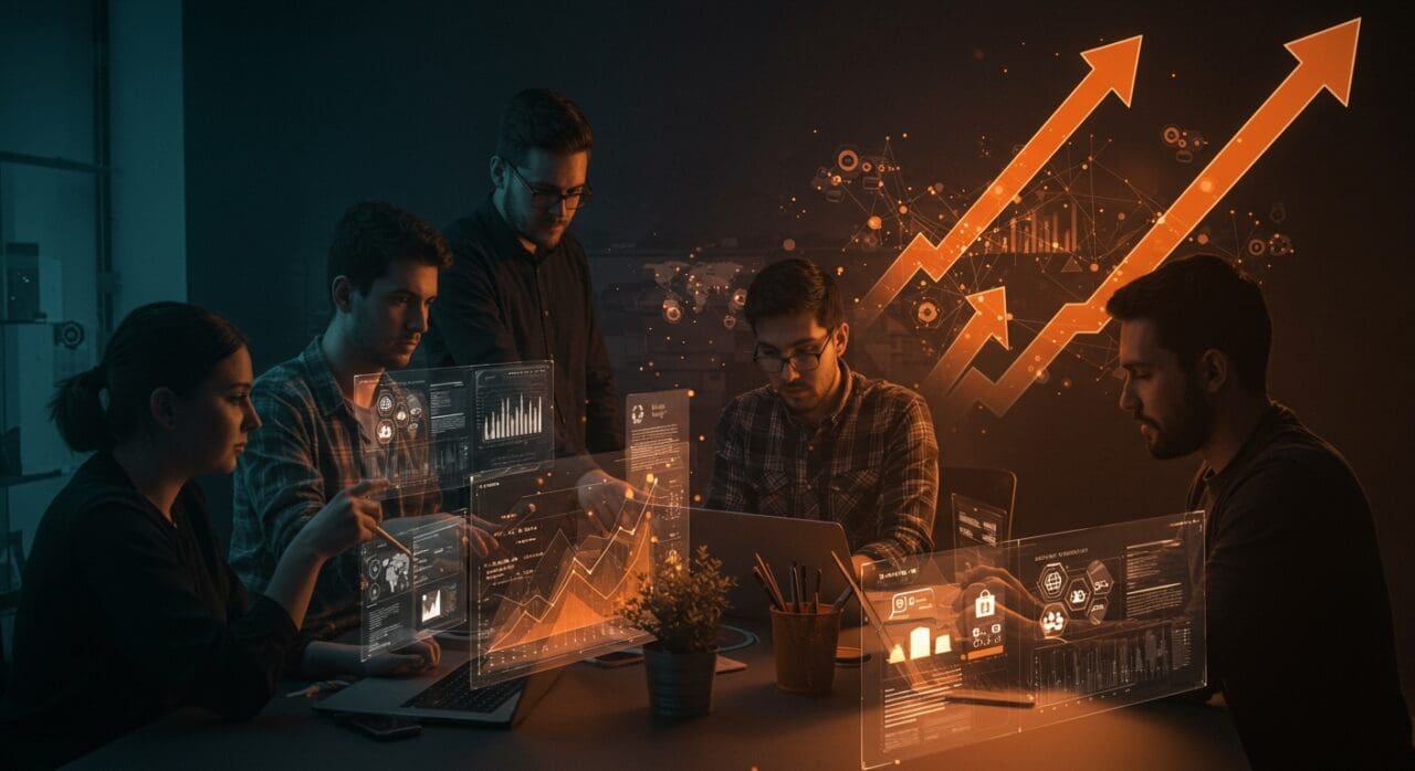 Startups colaborando con tecnología innovadora para pymes chilenas en un entorno digital con flujo de financiamiento y crecimiento.