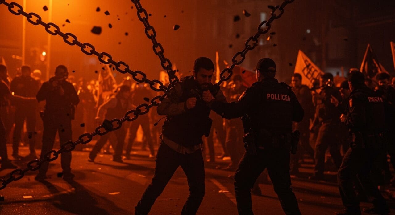 Fotoperiodista cubriendo protesta ICE siendo arrestado, destacando la libertad de prensa y retos legales para periodistas independientes.