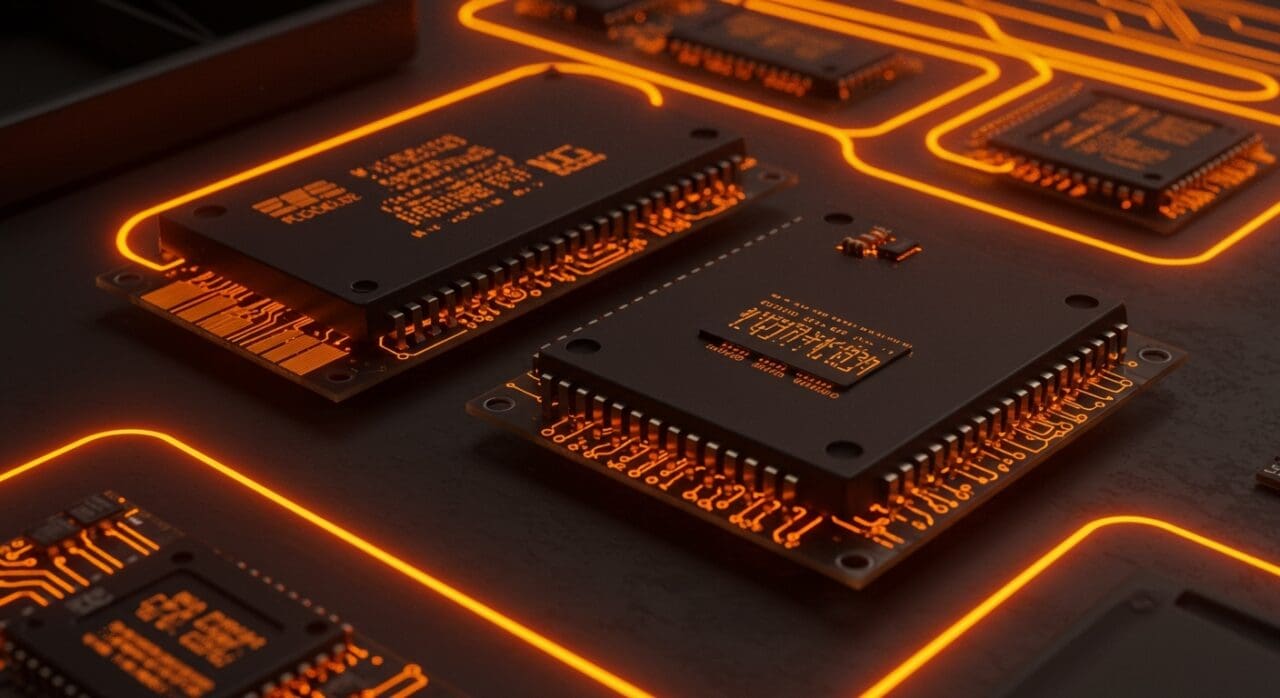 FPGA y microprocesador NEC V20 recreando un IBM-PC-XT en un entorno de hardware retro y desarrollo FPGA moderno con estética naranja y negra.