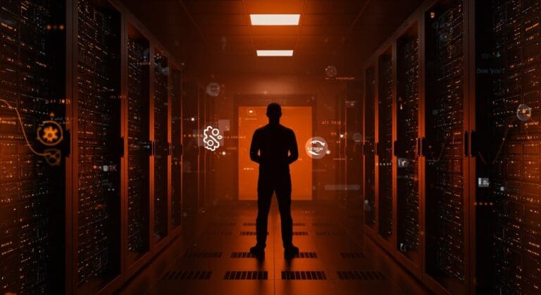 Startup founder en sala de servidores FreeBSD con enfoque en estabilidad y uptime para infraestructura tecnológica.