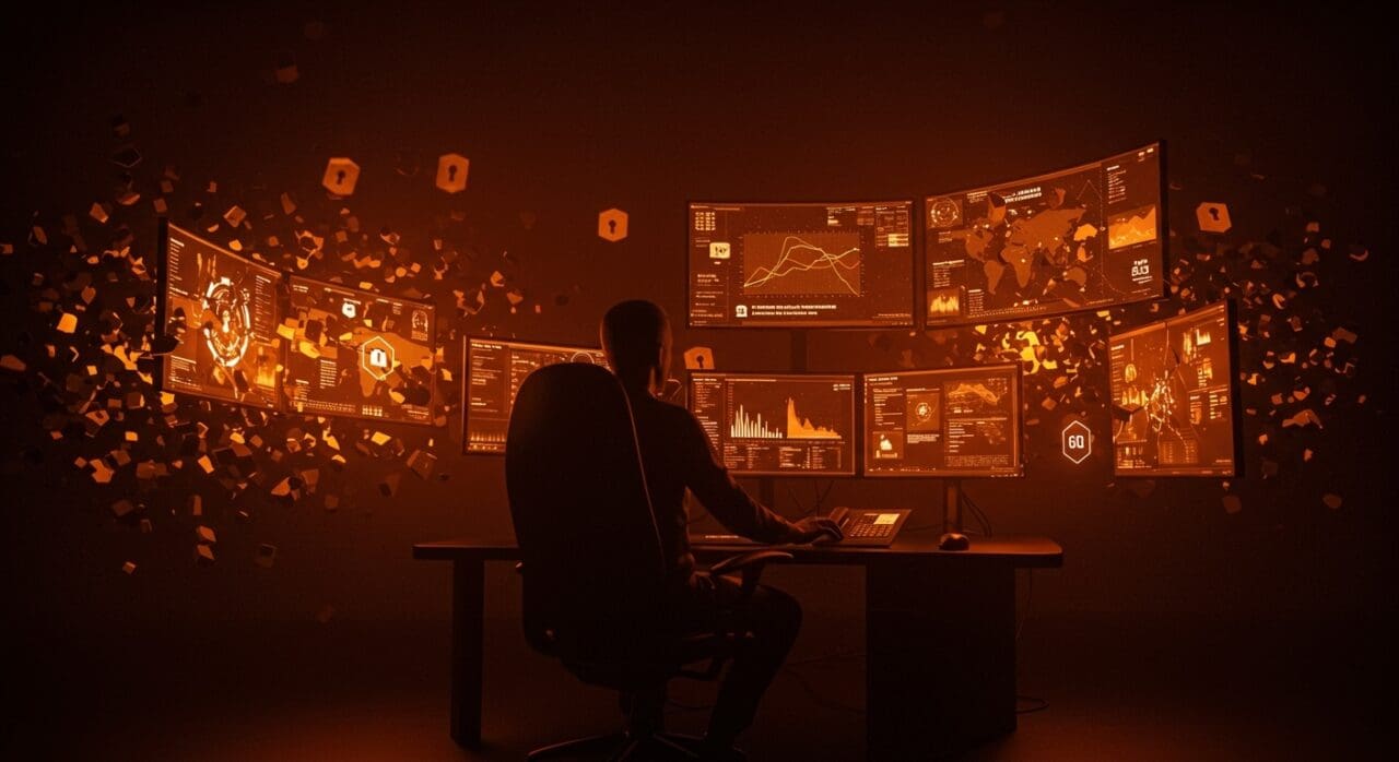 Impacto de fuga de datos en Miljödata con alertas digitales y metáforas visuales de ciberseguridad y violaciones GDPR en el mercado tech.