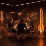 Startups aeroespaciales colaborando en innovación tecnológica con simbolismos de funding récord y avances en IA y defensa.