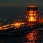 Reactor de fusión marino en barco innovador, representando energía limpia y tecnología startup en el sector marítimo.