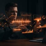 Founder tecnológico usando Gemini 3 Pro para transcripción de audio y benchmarks de inteligencia artificial en un espacio futurista con gráficos y redes neuronales abstractas.