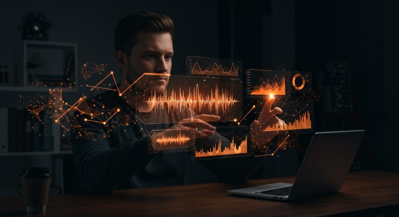 Founder tecnológico usando Gemini 3 Pro para transcripción de audio y benchmarks de inteligencia artificial en un espacio futurista con gráficos y redes neuronales abstractas.