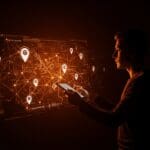 Founder tecnológico analizando mapa digital de geolocalización Wi-Fi con íconos de privacidad y riesgos para startups.