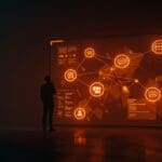 Líder comunitario gestionando conflictos en comunidad open source con metáforas visuales de moderación y código de conducta.