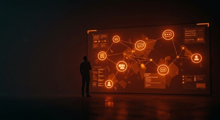 Líder comunitario gestionando conflictos en comunidad open source con metáforas visuales de moderación y código de conducta.