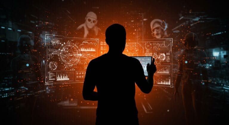 Silueta de fundador analizando amenazas digitales y ciberseguridad inspirada en Ghost in the Shell para startups tecnológicas.