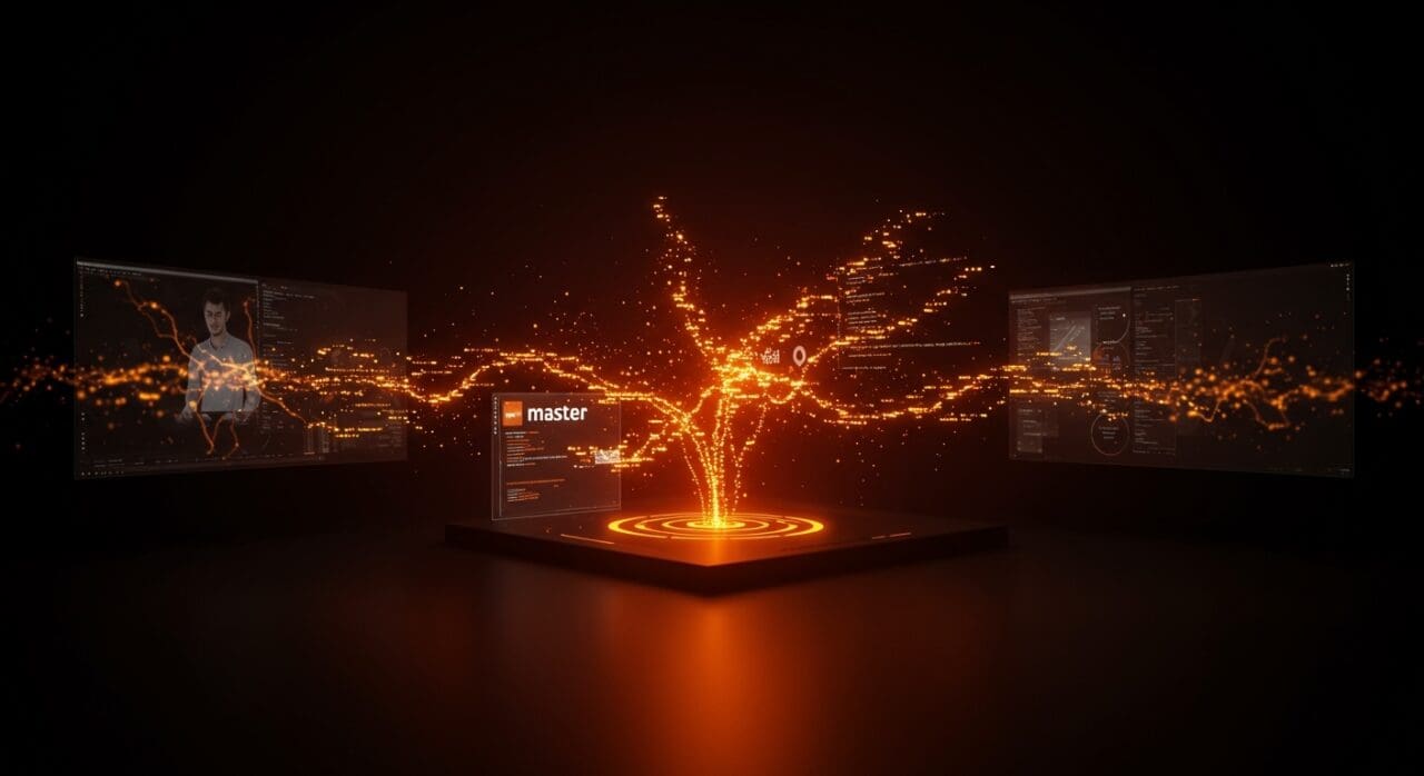 Interfaz digital resaltando la rama principal 'main' en Git 3.0 representando colaboración y tendencias tecnológicas en desarrollo de software.