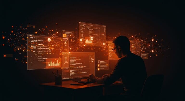 Desarrollador frente a pantallas con incidencias de GitHub en operaciones de clonación y push, ilustrando problemas en la plataforma para desarrolladores en noviembre 2025.