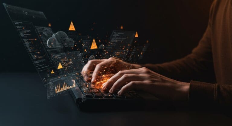 Desarrollador enfrentando fallos técnicos en operaciones GitHub con alertas de incidencias en infraestructura tecnológica para startups.