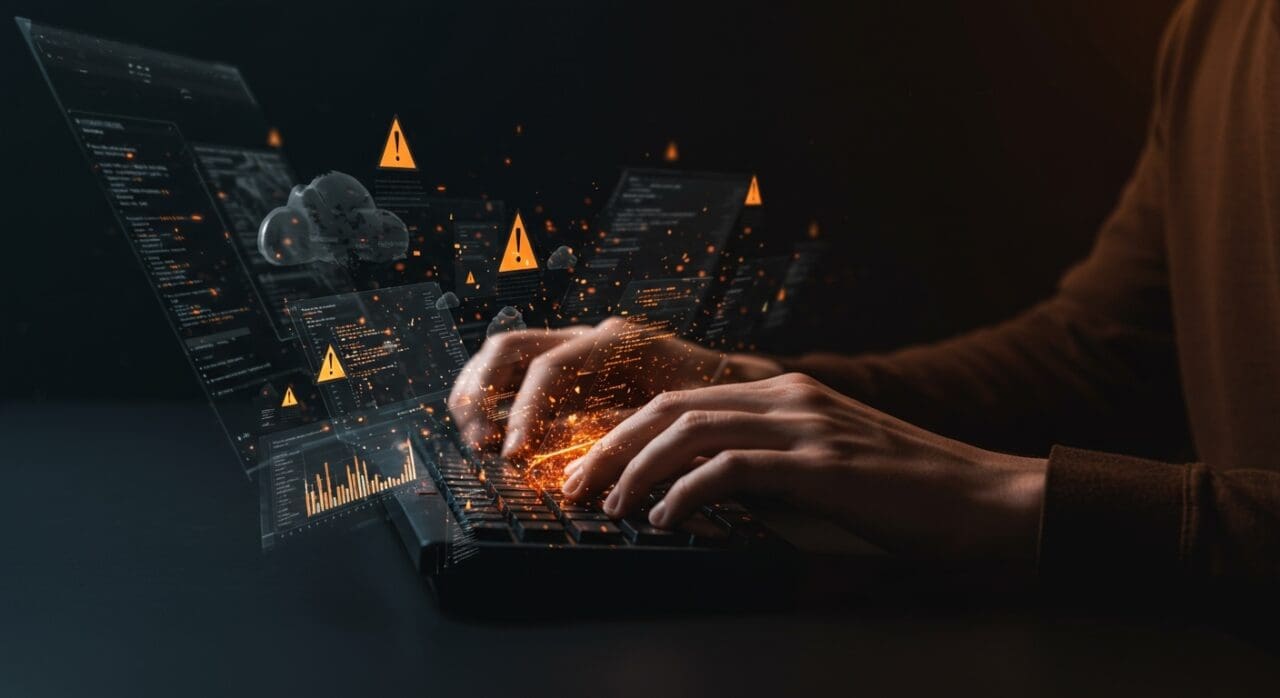 Desarrollador enfrentando fallos técnicos en operaciones GitHub con alertas de incidencias en infraestructura tecnológica para startups.